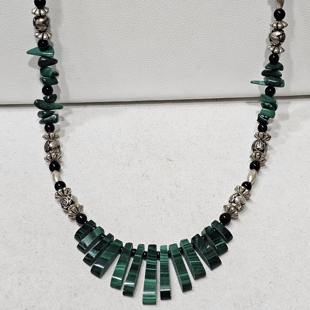 Malachite Necklace with Onyx, Glass, and Silver Beads - Picture 3 of 15